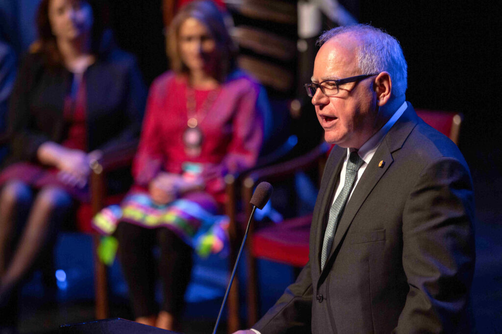 Governor Tim Walz addresses the audience at the Fitzgerald Theater after being sworn in as Minnesota's 41st governor, St Paul Minnesota.