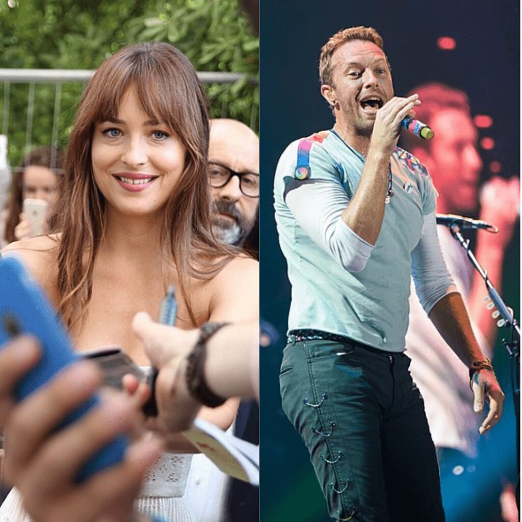 Left: Dakota Johnson signing autographs during the 2018 Venice Film Festival. Photo Source: Pietro Luca Cassarino (CC BY-SA 4.0) Right: Chris Martin from Coldplay during Global Citizen Festival 2017 at Barclaycard Arena in Hamburg, Germany(CC BY-SA 4.0).