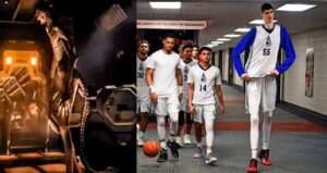 Robert Bobroczkyi as the mutant xenomorph in Alien Romulus (left) and in a basketball jersey with teammates (right).