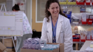 In this image, starring Kali Rocha acting as a intern doctor in gray anatomy web series