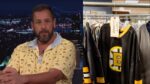 Left: Adam Sandler. Photo Source: The Tonight Show Starring with Jimmy Fallon Right: a black hockey jersey hanging on a rack, with a white tag that "HAPPY GILMORE". Photo Source: @adamsandler (Instagram)