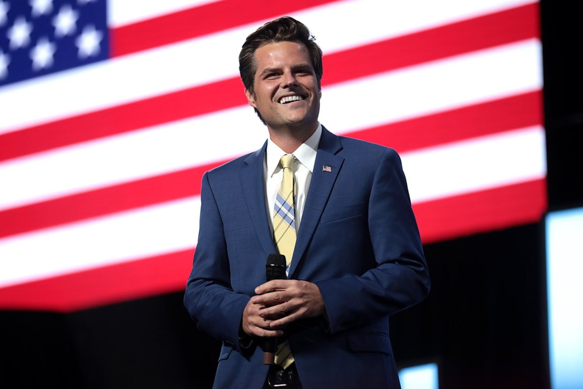 U.S. Congressman Matt Gaetz speaking with supporters at an "An Address to Young Americans" event, featuring President Donald Trump, hosted by Students for Trump and Turning Point Action at Dream City Church in Phoenix, Arizona.