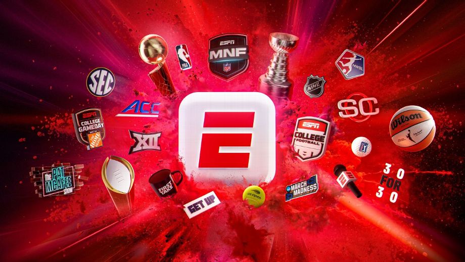 ESPN logo surrounded by various sports league logos and trophies including NBA, NFL, NHL, SEC, and ACC on a red background.