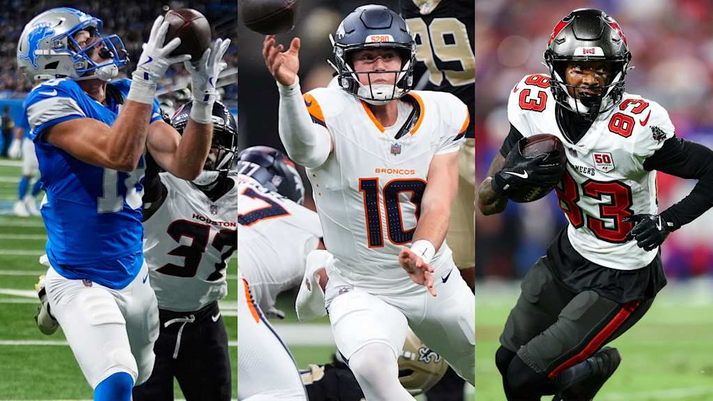 A collage of three NFL players in action during a preseason game. A Lions player catches a pass on the left, a Broncos quarterback throws a pass in the center, and a Buccaneers player runs with the ball on the right.