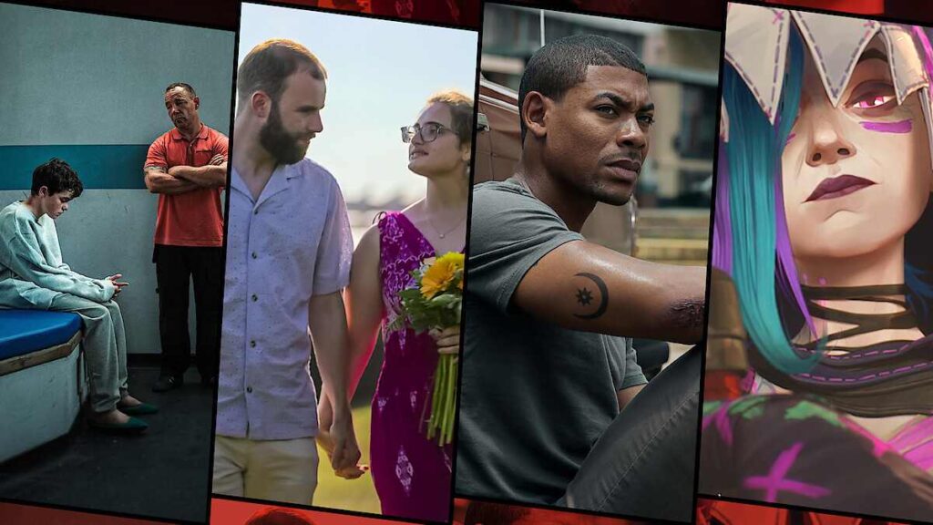 Collage showing scenes from various Netflix original series including characters from different shows in dramatic lighting and poses