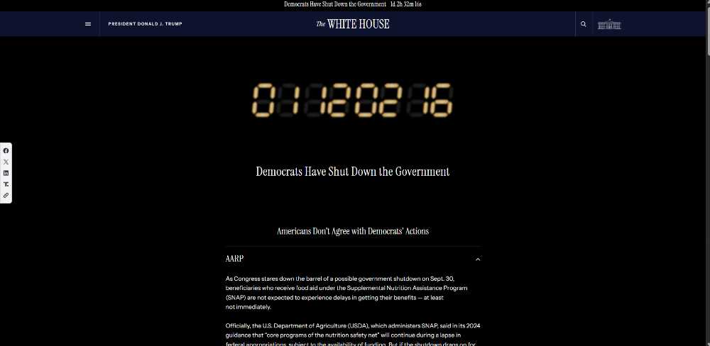 White House website showing a digital countdown timer and text stating "Democrats Have Shut Down the Government" and "Americans Don't Agree with Democrats' Actions" against a black background.