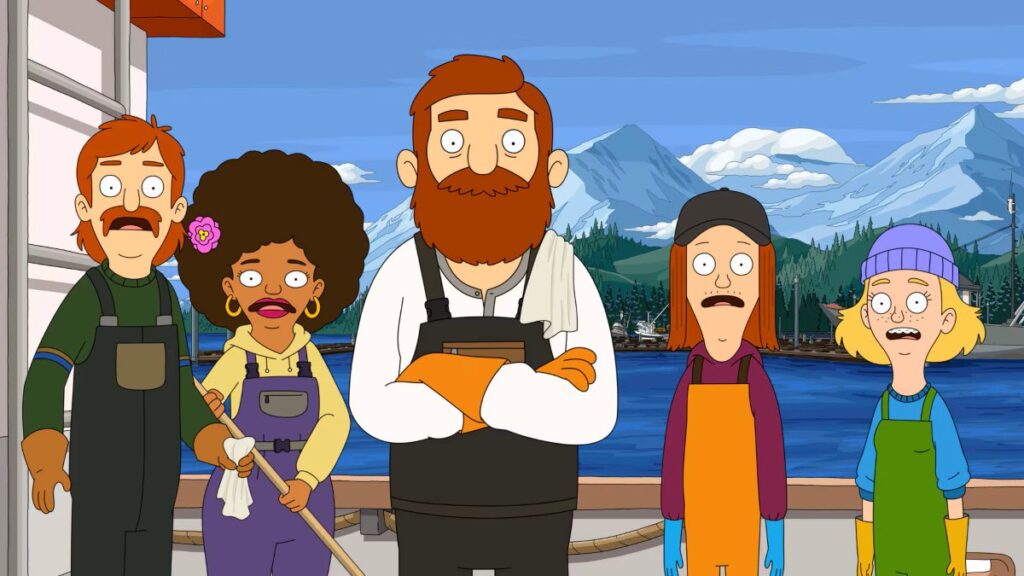 Animated characters from The Great North standing together outside their home in Alaska with mountains and water in the background. The image shows the main cast including Beef Tobin (center with red beard) and his children.