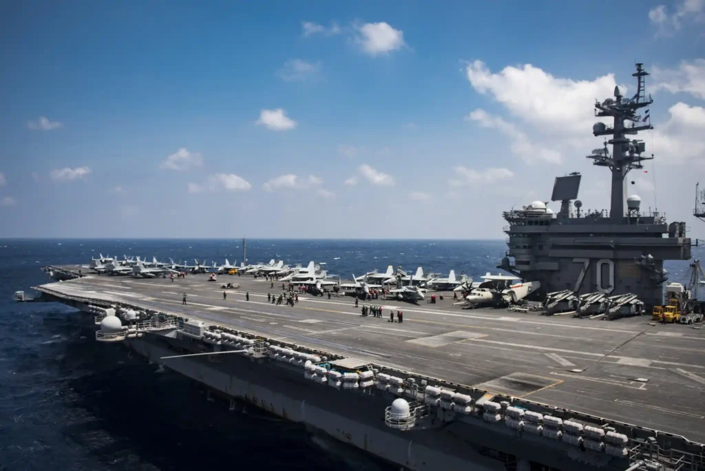 File photo of the U.S. Navy aircraft carrier USS Carl Vinson underway in the South China Sea on March 2, 2017, viewed at sea with aircraft on deck; image used for contextual reference, not depicting the current Nimitz incident.