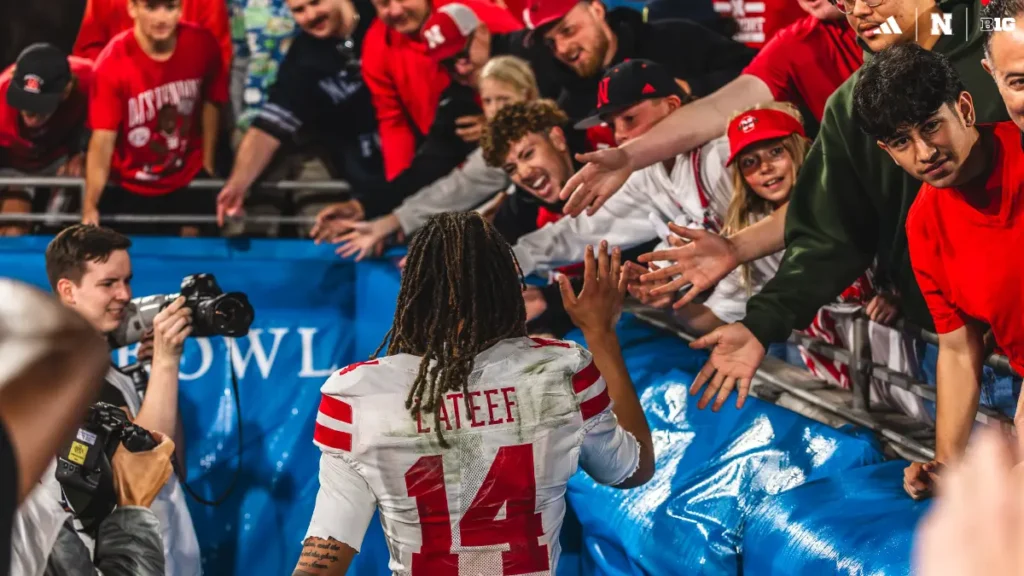TJ Lateef of Nebraska celebrates after defeating UCLA 28–21 at the Rose Bowl, marking his first collegiate start.