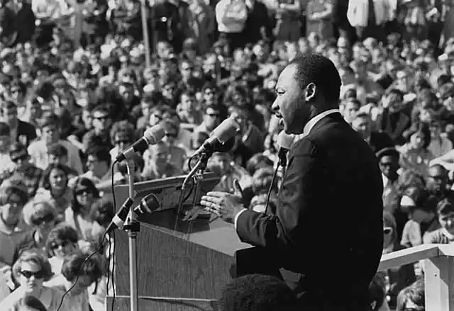 Martin Luther King Jr. speaking to students at the University of Minnesota St. Paul campus during the civil rights era