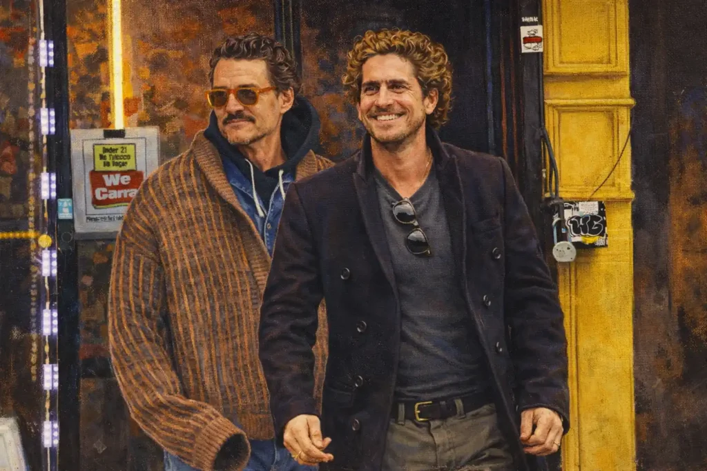 A 4:3 hand-colored artistic illustration of Pedro Pascal and Rafael Olarra walking together in New York City, featuring textured pencil and watercolor effects.
