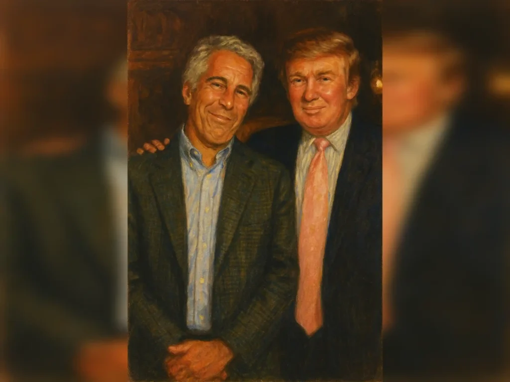 Portrait-style image of Jeffrey Epstein standing beside Donald Trump, both in suits, representing their past social connection referenced in investigations.