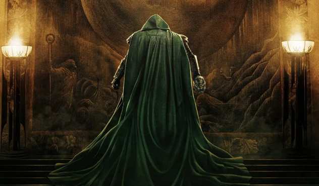 Official teaser poster for Marvel Studios' Avengers: Doomsday (2026) featuring a dramatic close-up of Doctor Doom in full metallic armor and green hooded cloak, his face partially shadowed, set against a dark, textured background.