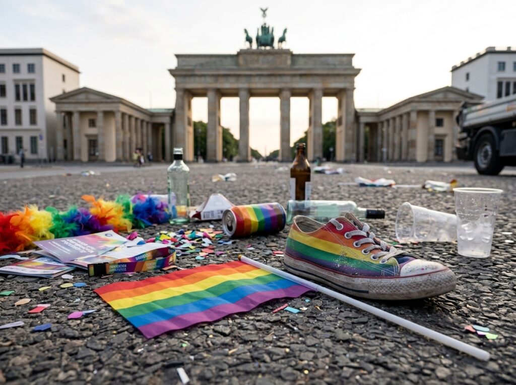 LGBTQ+ pride memorial items including rainbow flags, pride-painted shoes, candles, and bottles arranged on cobblestone plaza in front of Brandenburg Gate monument in Berlin, Germany.