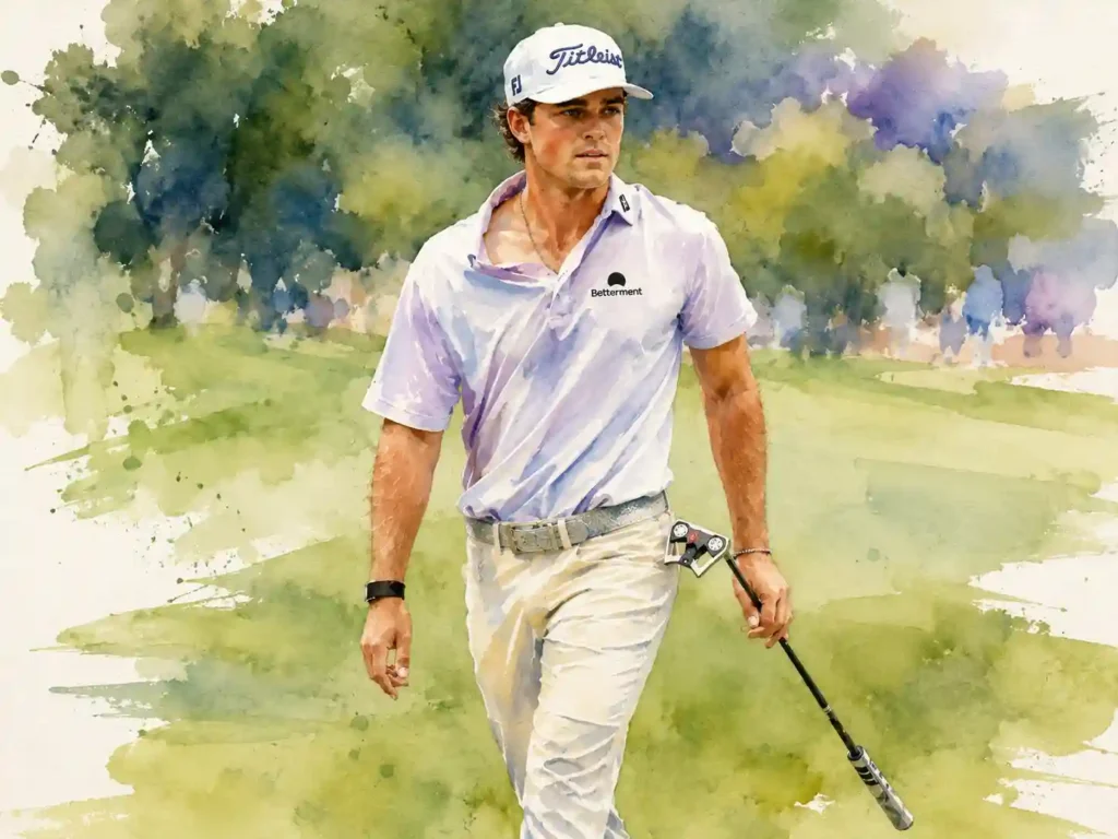 Professional golfer in white Titleist cap and lavender polo shirt walking across manicured fairway with putter, surrounded by tree-lined course landscape in watercolor style.