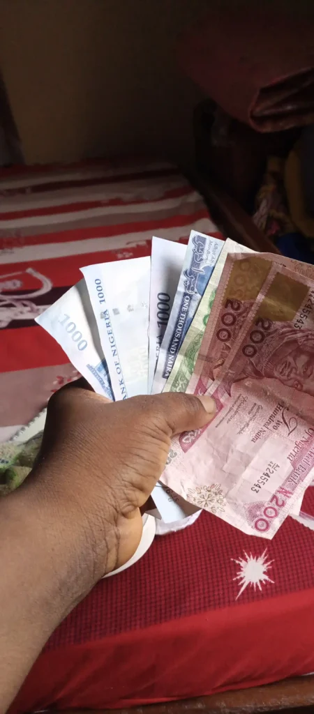 Multiple Nigerian Naira banknotes held in hand against red fabric background, displaying denominations of currency during economic currency crisis period.