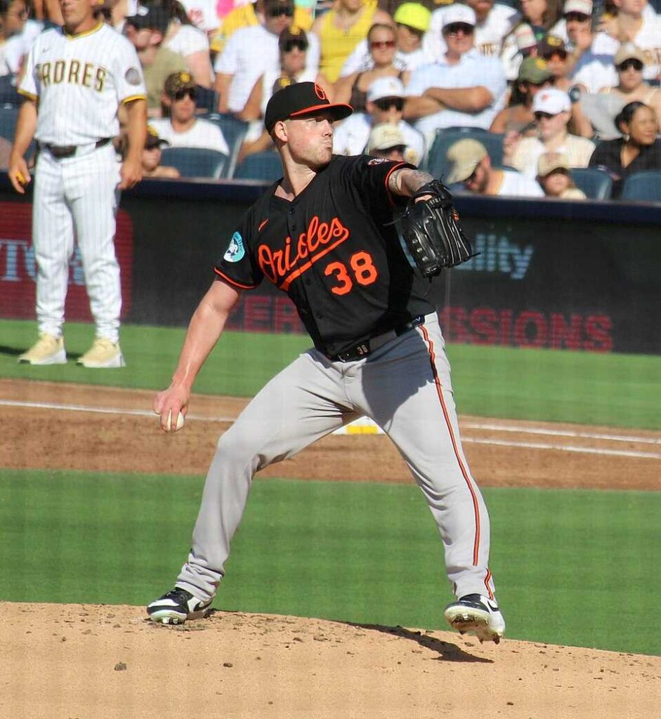 Kyle Bradish pitching for the Baltimore Orioles during a game against the San Diego Padres in 2025.