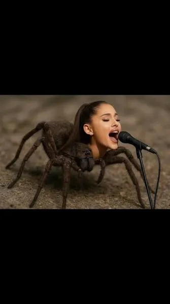 Digital composite image of Ariana Grande singing into a microphone, with a large spider body integrated into the artwork. The image represents the "Spider-Grande" concept merging Ariana Grande's album release with Marvel's Spider-Man film on July 31, 2026.