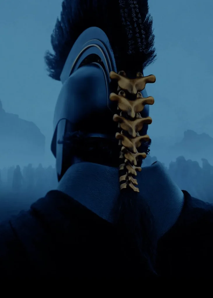 Official The Odyssey movie poster showing the back view of a male figure (Matt Damon as Odysseus) wearing gold-accented armor, gazing toward a misty, mountainous landscape under blue-toned lighting. The composition emphasizes scale and isolation.