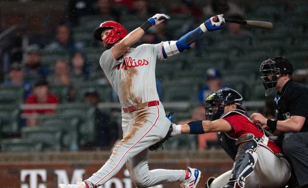 Trea Turner rounds the bases after hitting a home run against the Los Angeles Dodgers at Citizens Bank Park.