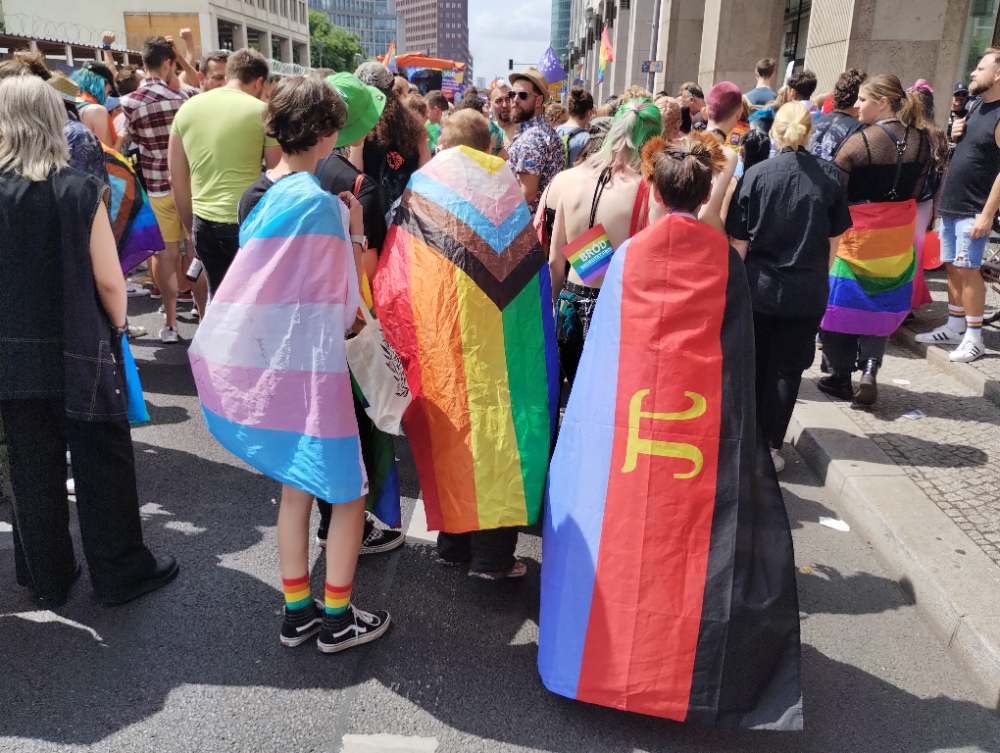Crowds of people at Berlin Christopher Street Day 2023, with Pride and Progress Pride flags held aloft among participants in the Tiergarten area.