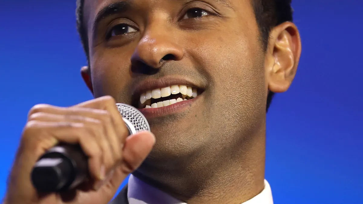 Vivek Ramaswamy speaking at a public event in West Palm Beach, Florida, in 2023