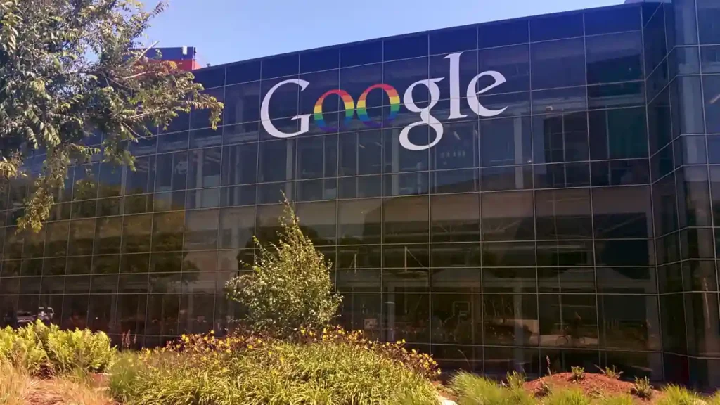 Aerial view of Googleplex campus in Mountain View California showing corporate headquarters buildings