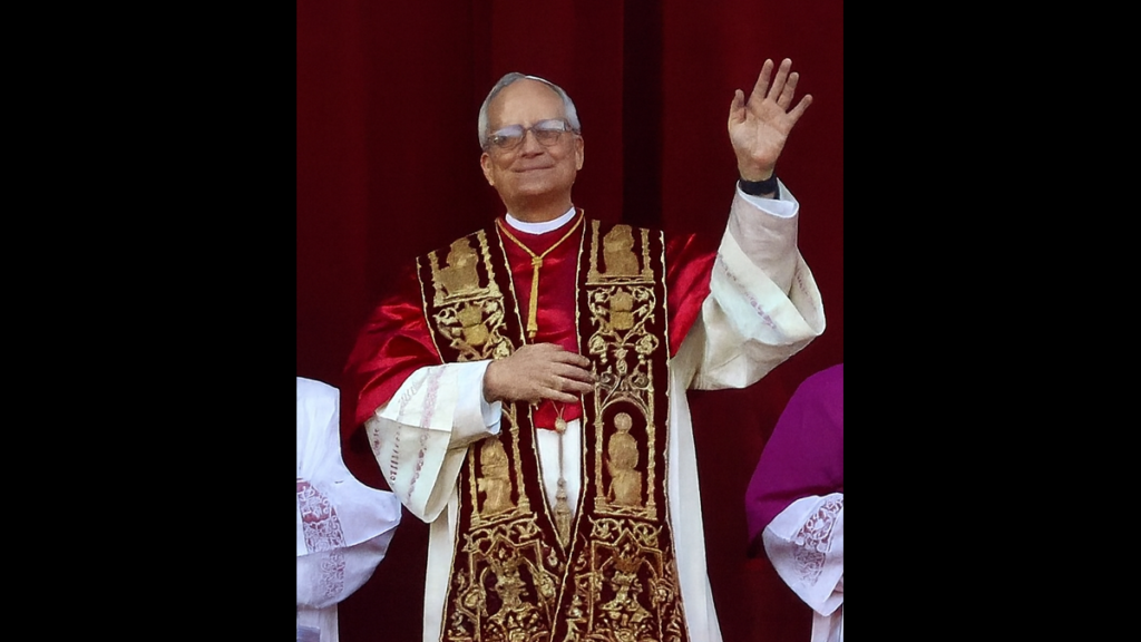 Pope Leo XIV (Robert Francis Prevost) wearing red cardinal vestments with gold embroidery