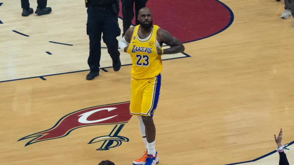 LeBron James standing on the basketball court during a January 2026 game against the Cleveland Cavaliers