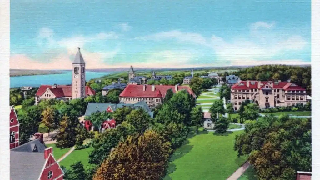 Cornell University campus buildings and lawns along the shore of Cayuga Lake in Ithaca, New York