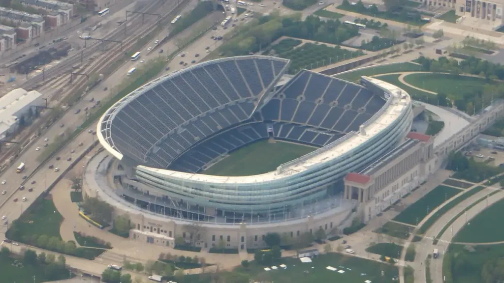 Soldier Field, the Chicago Bears NFL stadium, seen from the lakefront in Chicago