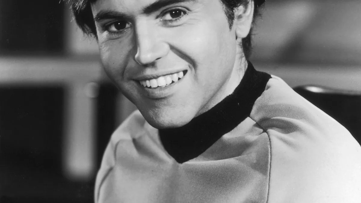 Black and white official NBC publicity headshot of Walter Koenig as Ensign Pavel Chekov in Star Trek.